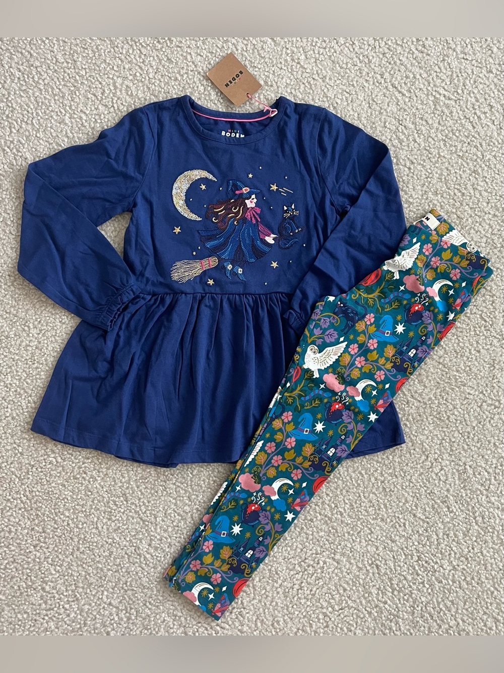 NWT Mini Boden Girls 2pc Tunic & Leggings Set Witch Halloween Blue 6-7y